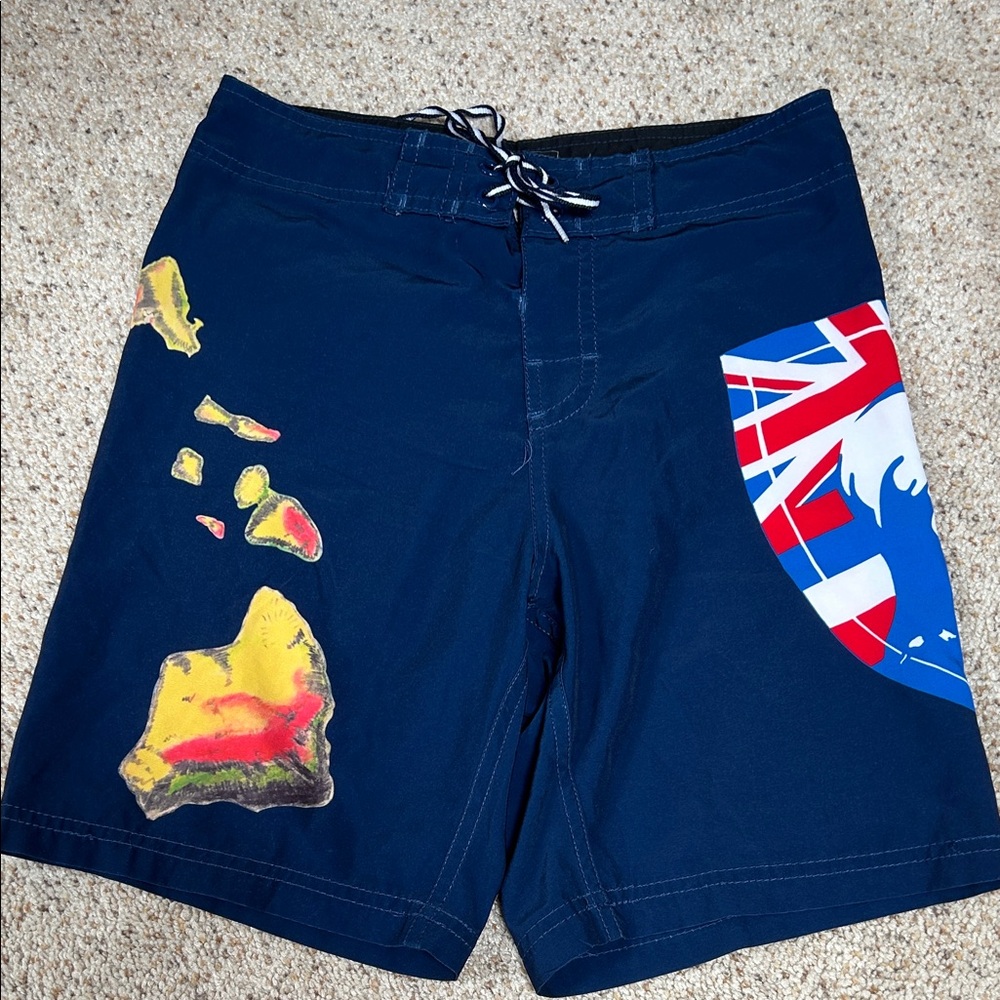 Kids Navy Swim Trunks with Island Graphic